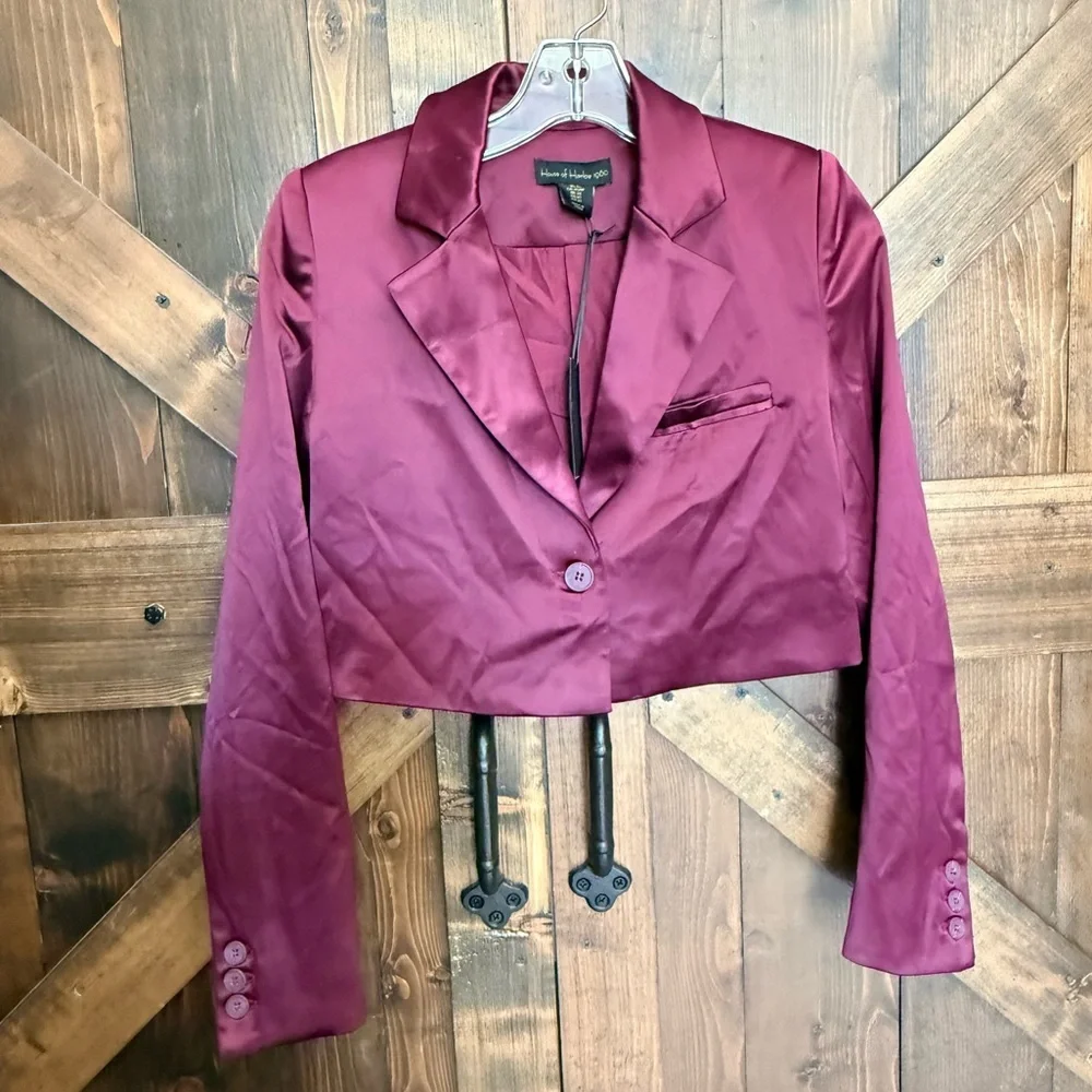 NWT House of Harlow 1960 Satin Crop Burgundy Wine Jacket Blazer Size XS